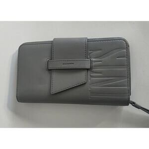 AllSaints Genuine Leather Wallet Gray Embossed Logo Bifold Zip